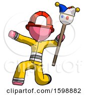 Poster, Art Print Of Pink Firefighter Fireman Man Holding Jester Staff Posing Charismatically
