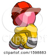 Poster, Art Print Of Pink Firefighter Fireman Man Sitting With Head Down Back View Facing Left