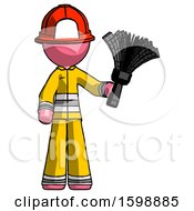 Poster, Art Print Of Pink Firefighter Fireman Man Holding Feather Duster Facing Forward