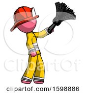 Poster, Art Print Of Pink Firefighter Fireman Man Dusting With Feather Duster Upwards
