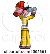 Poster, Art Print Of Pink Firefighter Fireman Man Looking Through Binoculars To The Right