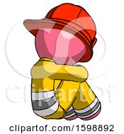 Poster, Art Print Of Pink Firefighter Fireman Man Sitting With Head Down Back View Facing Right