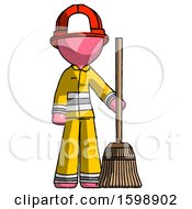 Poster, Art Print Of Pink Firefighter Fireman Man Standing With Broom Cleaning Services