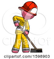 Poster, Art Print Of Pink Firefighter Fireman Man Cleaning Services Janitor Sweeping Side View