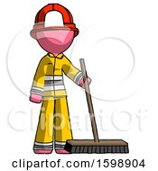 Pink Firefighter Fireman Man Standing With Industrial Broom
