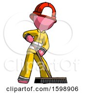 Poster, Art Print Of Pink Firefighter Fireman Man Cleaning Services Janitor Sweeping Floor With Push Broom