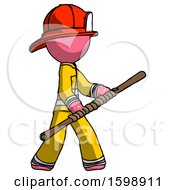 Pink Firefighter Fireman Man Holding Bo Staff In Sideways Defense Pose