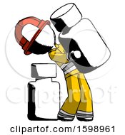 Poster, Art Print Of Ink Firefighter Fireman Man Holding Large White Medicine Bottle With Bottle In Background