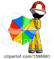 Poster, Art Print Of Ink Firefighter Fireman Man Holding Rainbow Umbrella Out To Viewer
