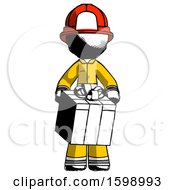 Poster, Art Print Of Ink Firefighter Fireman Man Gifting Present With Large Bow Front View