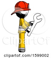 Poster, Art Print Of Ink Firefighter Fireman Man Using Wrench Adjusting Something To Right