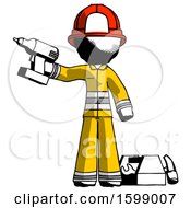 Poster, Art Print Of Ink Firefighter Fireman Man Holding Drill Ready To Work Toolchest And Tools To Right