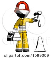 Poster, Art Print Of Ink Firefighter Fireman Man Under Construction Concept Traffic Cone And Tools