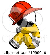 Poster, Art Print Of Ink Firefighter Fireman Man Sitting With Head Down Facing Sideways Left