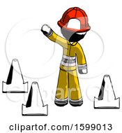 Poster, Art Print Of Ink Firefighter Fireman Man Standing By Traffic Cones Waving