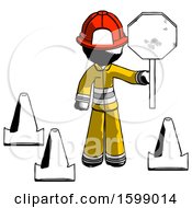Poster, Art Print Of Ink Firefighter Fireman Man Holding Stop Sign By Traffic Cones Under Construction Concept
