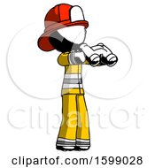 Poster, Art Print Of Ink Firefighter Fireman Man Holding Binoculars Ready To Look Right
