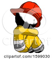 Poster, Art Print Of Ink Firefighter Fireman Man Sitting With Head Down Back View Facing Right