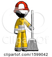 Poster, Art Print Of Ink Firefighter Fireman Man Standing With Broom Cleaning Services