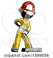 Poster, Art Print Of Ink Firefighter Fireman Man Cleaning Services Janitor Sweeping Floor With Push Broom