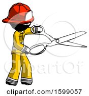 Poster, Art Print Of Ink Firefighter Fireman Man Holding Giant Scissors Cutting Out Something