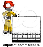 Poster, Art Print Of Ink Firefighter Fireman Man Beside Large Laptop Computer Leaning Against It