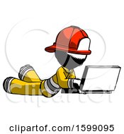 Poster, Art Print Of Ink Firefighter Fireman Man Using Laptop Computer While Lying On Floor Side Angled View