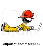 Poster, Art Print Of Ink Firefighter Fireman Man Using Laptop Computer While Lying On Floor Side View