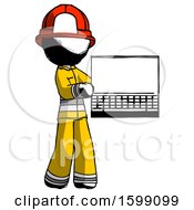 Poster, Art Print Of Ink Firefighter Fireman Man Holding Laptop Computer Presenting Something On Screen