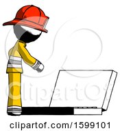 Poster, Art Print Of Ink Firefighter Fireman Man Using Large Laptop Computer Side Orthographic View