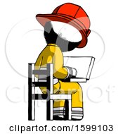 Poster, Art Print Of Ink Firefighter Fireman Man Using Laptop Computer While Sitting In Chair View From Back
