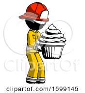 Poster, Art Print Of Ink Firefighter Fireman Man Holding Large Cupcake Ready To Eat Or Serve