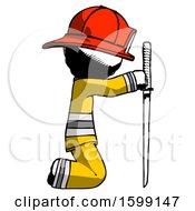 Poster, Art Print Of Ink Firefighter Fireman Man Kneeling With Ninja Sword Katana Showing Respect