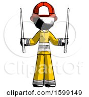 Poster, Art Print Of Ink Firefighter Fireman Man Posing With Two Ninja Sword Katanas Up