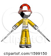 Poster, Art Print Of Ink Firefighter Fireman Man Posing With Two Ninja Sword Katanas