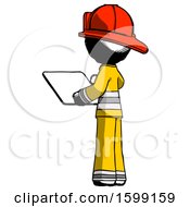 Poster, Art Print Of Ink Firefighter Fireman Man Looking At Tablet Device Computer With Back To Viewer