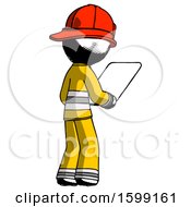 Poster, Art Print Of Ink Firefighter Fireman Man Looking At Tablet Device Computer Facing Away