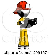 Poster, Art Print Of Ink Firefighter Fireman Man Reading Book While Standing Up Facing Away