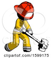 Poster, Art Print Of Ink Firefighter Fireman Man Hitting With Sledgehammer Or Smashing Something At Angle