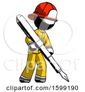 Ink Firefighter Fireman Man Drawing Or Writing With Large Calligraphy Pen