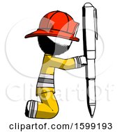 Poster, Art Print Of Ink Firefighter Fireman Man Posing With Giant Pen In Powerful Yet Awkward Manner