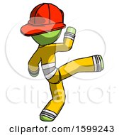 Poster, Art Print Of Green Firefighter Fireman Man Kick Pose