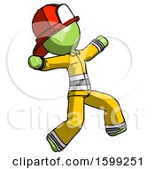 Poster, Art Print Of Green Firefighter Fireman Man Running Away In Hysterical Panic Direction Right