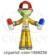 Green Firefighter Fireman Man Holding A Red Pill And Blue Pill