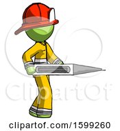 Green Firefighter Fireman Man Walking With Large Thermometer