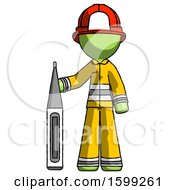 Poster, Art Print Of Green Firefighter Fireman Man Standing With Large Thermometer