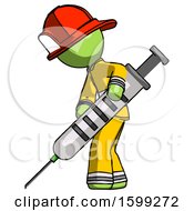 Poster, Art Print Of Green Firefighter Fireman Man Using Syringe Giving Injection