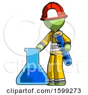Poster, Art Print Of Green Firefighter Fireman Man Holding Test Tube Beside Beaker Or Flask