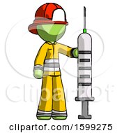 Green Firefighter Fireman Man Holding Large Syringe