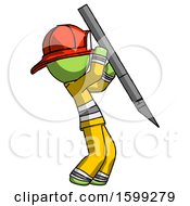 Poster, Art Print Of Green Firefighter Fireman Man Stabbing Or Cutting With Scalpel